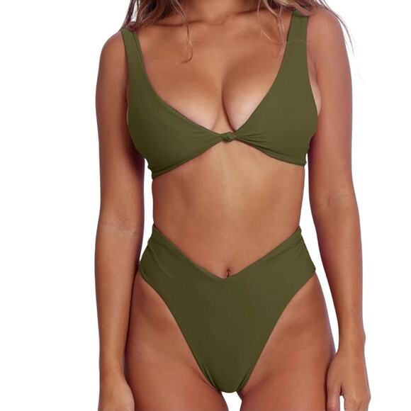 Women's Small Green Sexy Triangle Two Piece V-Neck Solid Knot Front Swimsuit - Picture 3 of 7